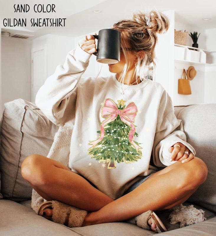 Christmas Tree Bow Sweatshirt/T-Shirt, Christmas Sweatshirt for Women, Christmas Tree Tshirt, Christmas Coquette...