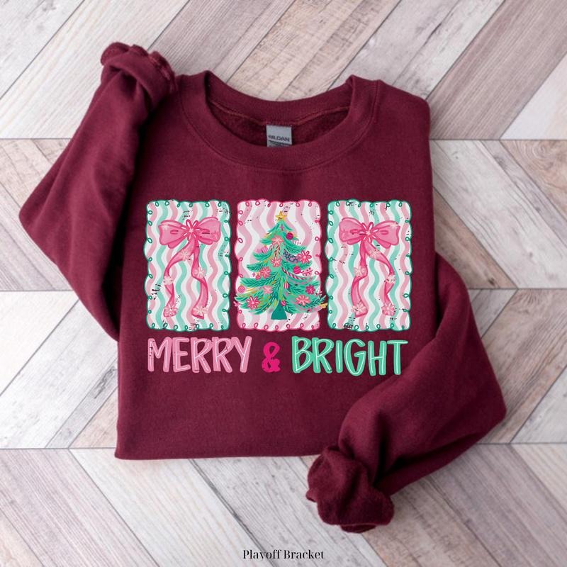 Floral Preppy Christmas Tree Bow Sweatshirt/T-Shirt, Merry & Bright tshirt, Floral Coquette T-Shirt, Preppy Christmas...