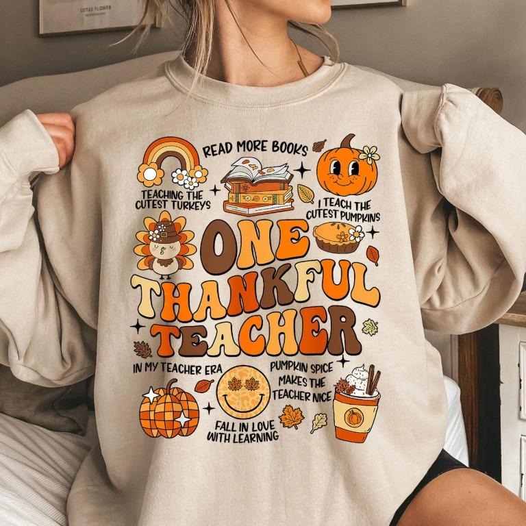 One Thankful Teacher Sweatshirt/T-Shirt, Retro Groovy Thanksgiving Teacher Tee, Fall Teacher Sweatshirt, Cute Thankful...