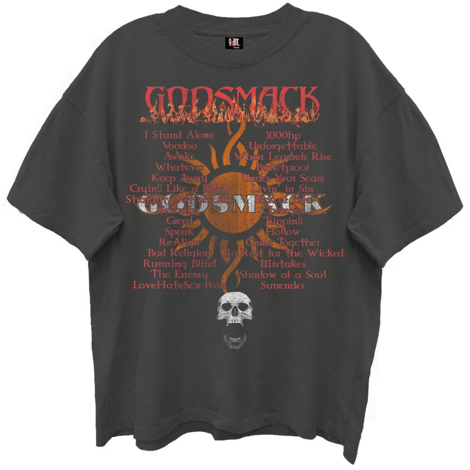GODSMACK, GREATEST HITS PLAY LIST VINTAGE BLACK ENZYME WASH T-SHIRT/GIANT VINTAGE T-SHIRT