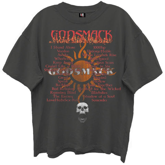 GODSMACK, GREATEST HITS PLAY LIST VINTAGE BLACK ENZYME WASH T-SHIRT/GIANT VINTAGE T-SHIRT