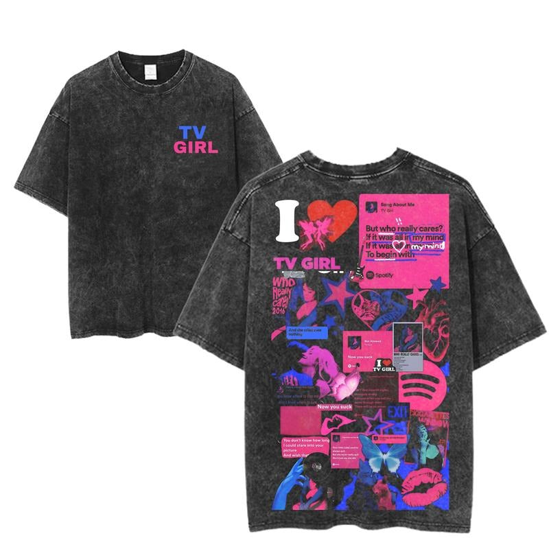 TV Girl Graphic Tour T-Shirt, Aesthetic Retro Indie Music Tee, Bold Collage Print, Unisex Streetwear Style, Soft Washed...