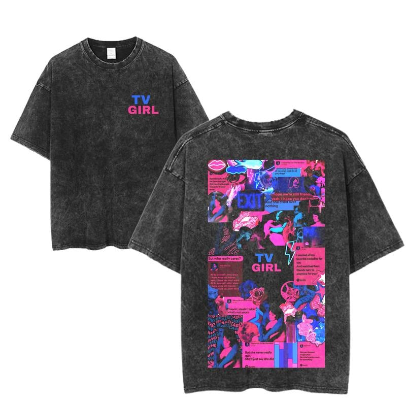 TV Girl Lyric Wall Graphic Tee, Emotional Collage Vaporwave Shirt, Who Really Cares Tour Merch, Washed Black Unisex Indie...