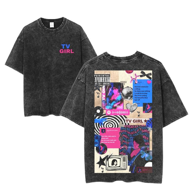 TV Girl Lyric Wall Graphic Tee, Emotional Collage Vaporwave Shirt, Who Really Cares Tour Merch, Washed Black Unisex Indie...