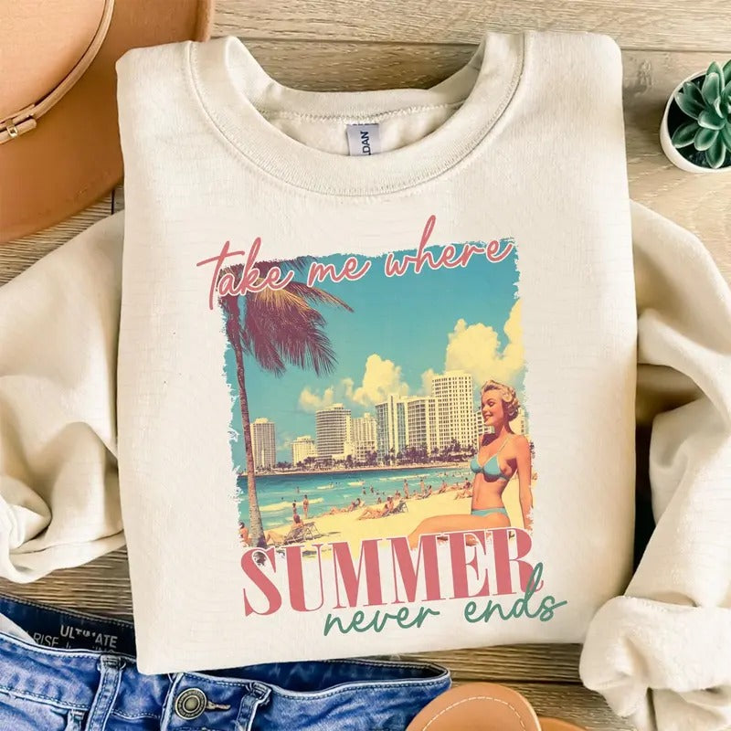 "Take Me Where Summer Never Ends" Palm Tree & Sunset Design, Crew Neck Casual Top for Vacation, Spring & Summer...