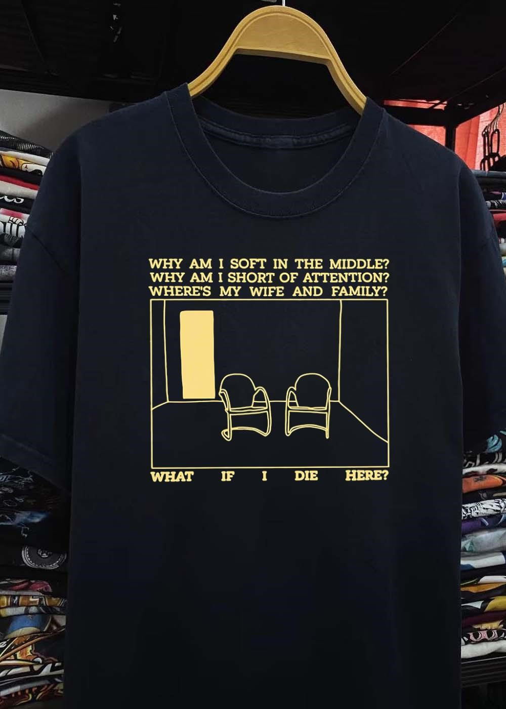 Talking Heads Lyric Art Empty Chairs Why Am I Soft in the Middle T-Shirt