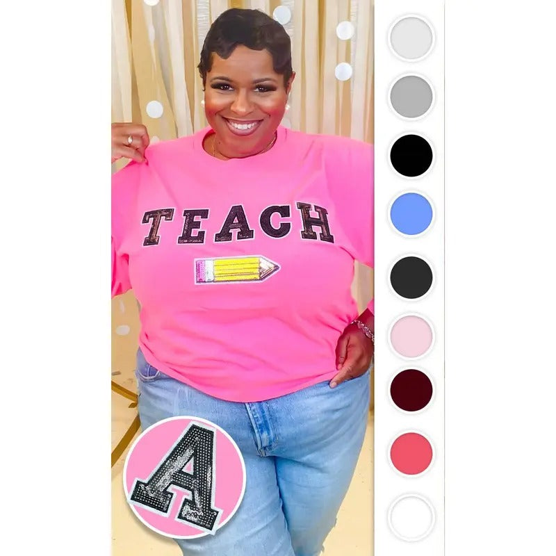 Teach Pencil Sequin Graphic Long Sleeve T-Shirt Hoodie, Sweatshirt | UrbanDripWear.com