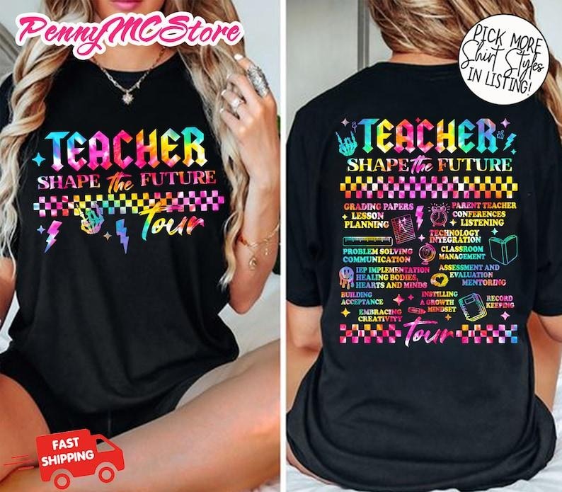 Teacher Shirt, Teacher Shape The Future Teacher World Tour Shirt, Rock N Roll Teach Tshirt, Tie Dye Teacher Shirt, Last...