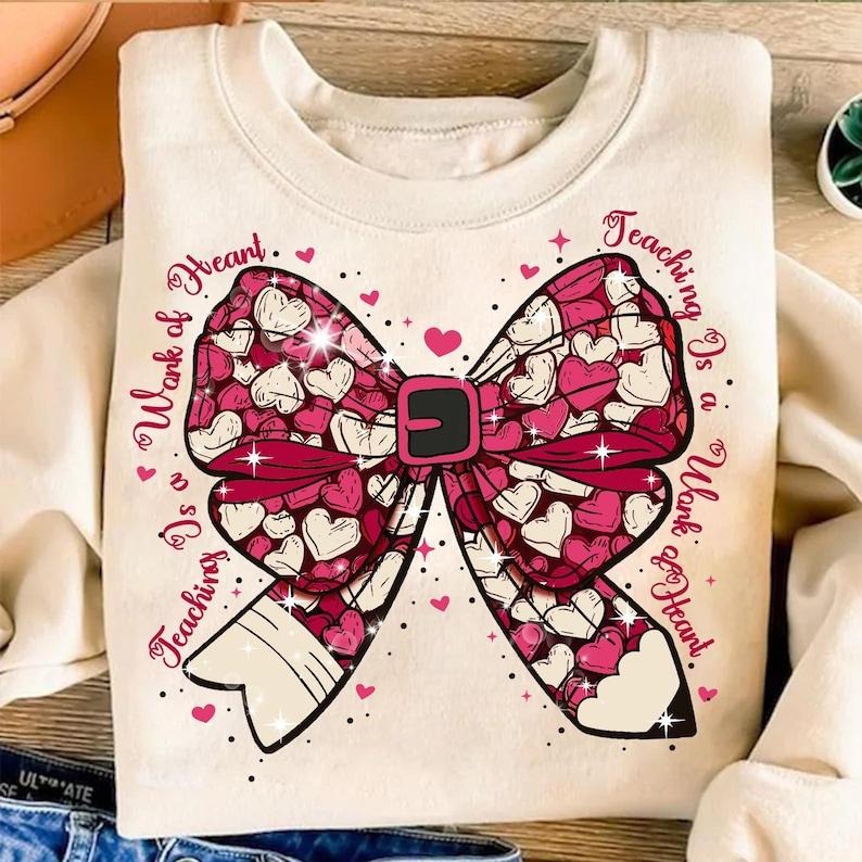 Teacher Valentine Coquette Bow Pencil Sweatshirt Valentine Teacher Heart Pencil , Valentines Day Teacher  , Retro Teacher...