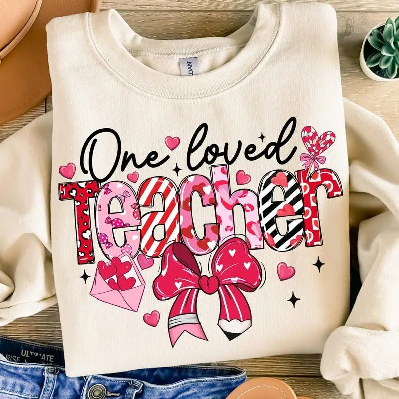 Teacher Valentine T-shirt & Sweatshirt, Loved Teacher Shirt, Teacher Coquette Bow Shirt, Valentine Teacher, Retro Teacher...