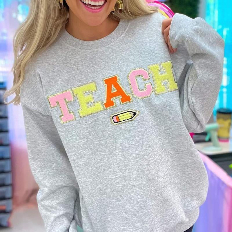 'Teacher's Pencil' Letter Patch Sweatshirt T-Shirts, Hoodie | UrbanDripWear.com