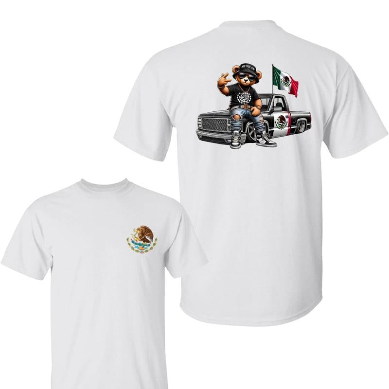 Teddy Bear In Hip Hop Costume Mexican Flag 2 Sided T-Shirt, Mexican Flag Bear Tee, Cartoon Graphic Shirt, Gift for Men...