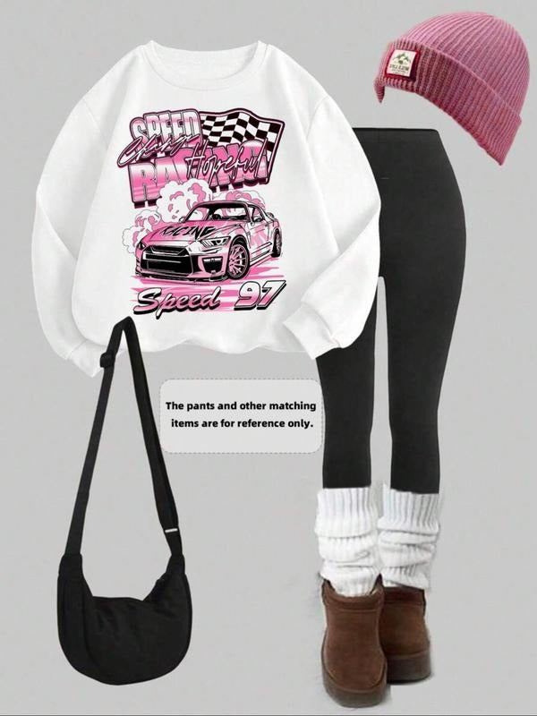 Teen Girls Casual Vintage Car Pattern Loose Long Sleeve Round Neck Sweatshirt, Street Style, Party, Sports, Outdoor...