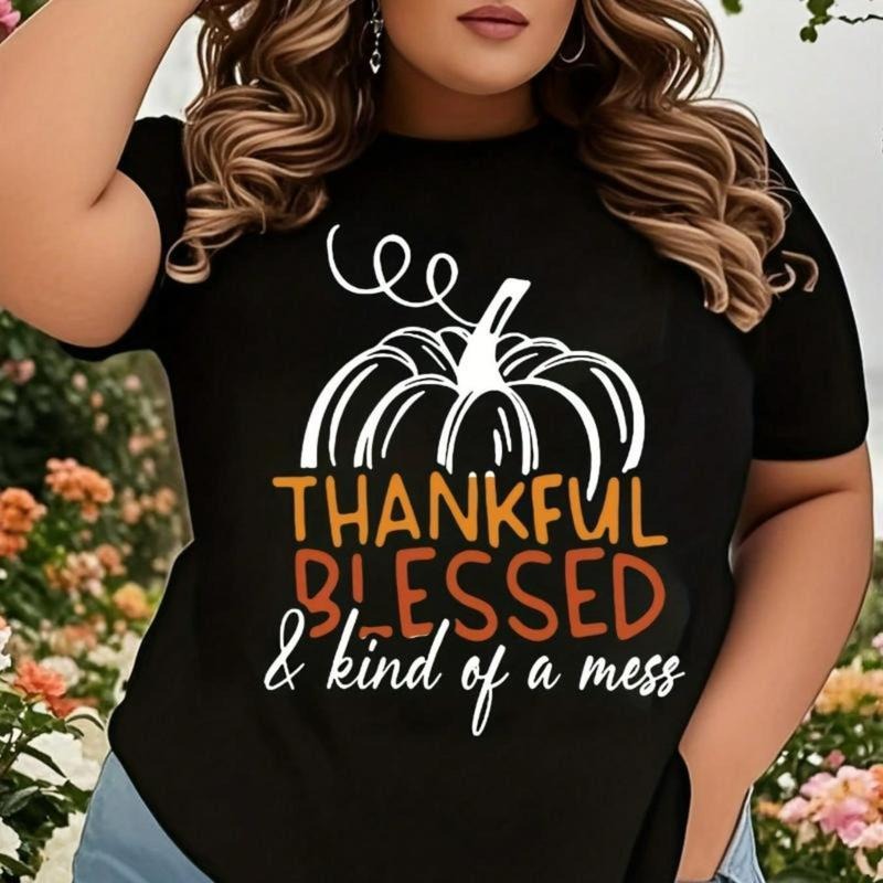 Thankful  & Kind Of A Mess Pumpkin Graphic T-Shirt For Women, Fall Thanksgiving Holiday Shirt, Cute Autumn Top For...