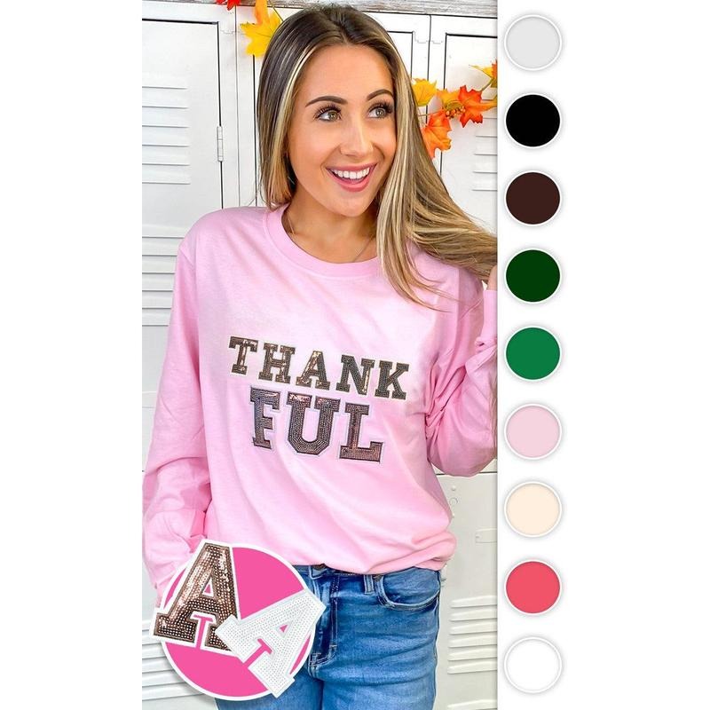 Thankful Sequin Graphic Long Sleeve T-Shirt Hoodie, Sweatshirt | UrbanDripWear.com
