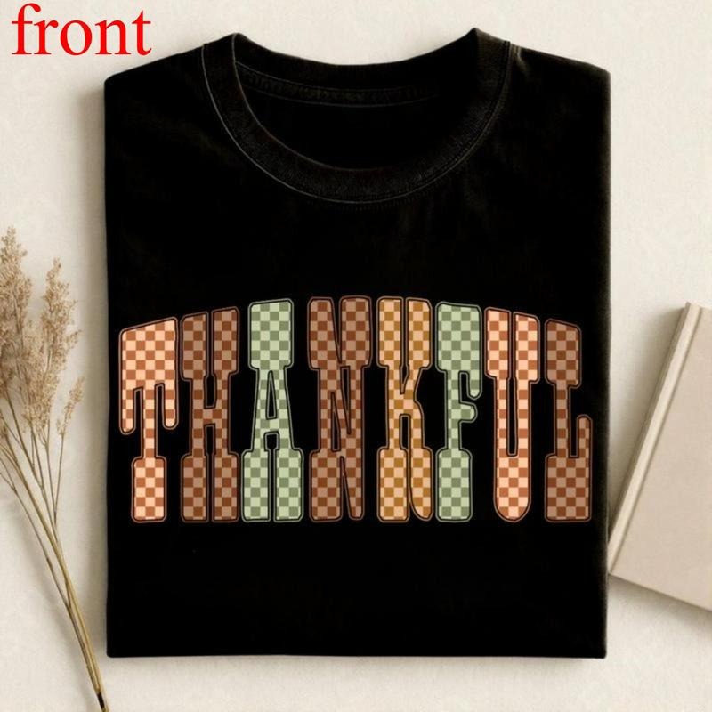 Thankful T-Shirt, Checkered Thanksgiving Letters Shirt, Retro Fall Thankful Shirt, Autumn Cozy Shirt, Cute Gratitude Tee...