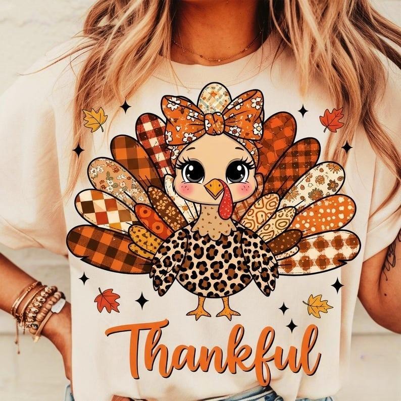 Thankful Turkey Shirt, Fall Leopard Patchwork Thanksgiving Sublimation Design, Holliday Tee, Cute shirt Hoodie, Sweatshirt