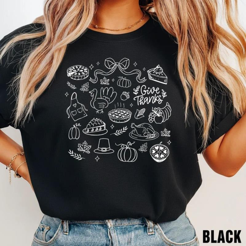 Thanksgiving Doodle Shirt, Give Thanks Tshirt, Fall Thankful Tee, Women'S Autumn Gift, Pumpkin Pie Shirt, Fall Harvest...