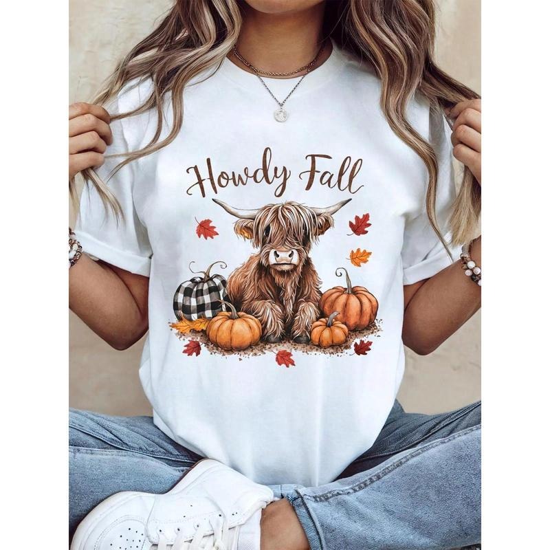 Thanksgiving Graphic Women T Shirt Howdy Fall Highland Cow Happy Thanksgiving Autumn Vibes Fall T-Shirt Hoodie, Sweatshirt