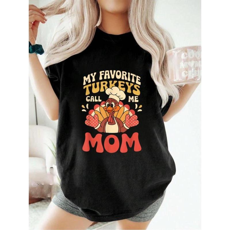 Thanksgiving My Favorite Turkeys Call Me Mama Family Mom Thanksgiving T-Shirt Women's Casual Short Sleeve Cotton T-Shirt...