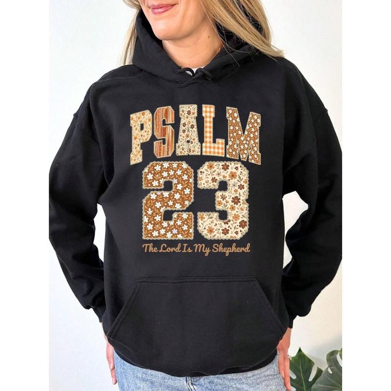 Thanksgiving Patchwork Psalm 23 Hoodie Black Floral Print Religious Christian Women Casual Streetwear Cozy Fall Outfit...