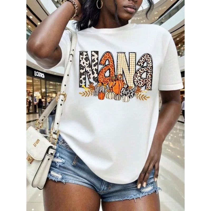 Thanksgiving Pumpkin Graphic T-Shirt - Women's Casual, Loose "Nana" Print T-Shirt, Short Sleeves, Crew Neck, Autumn...