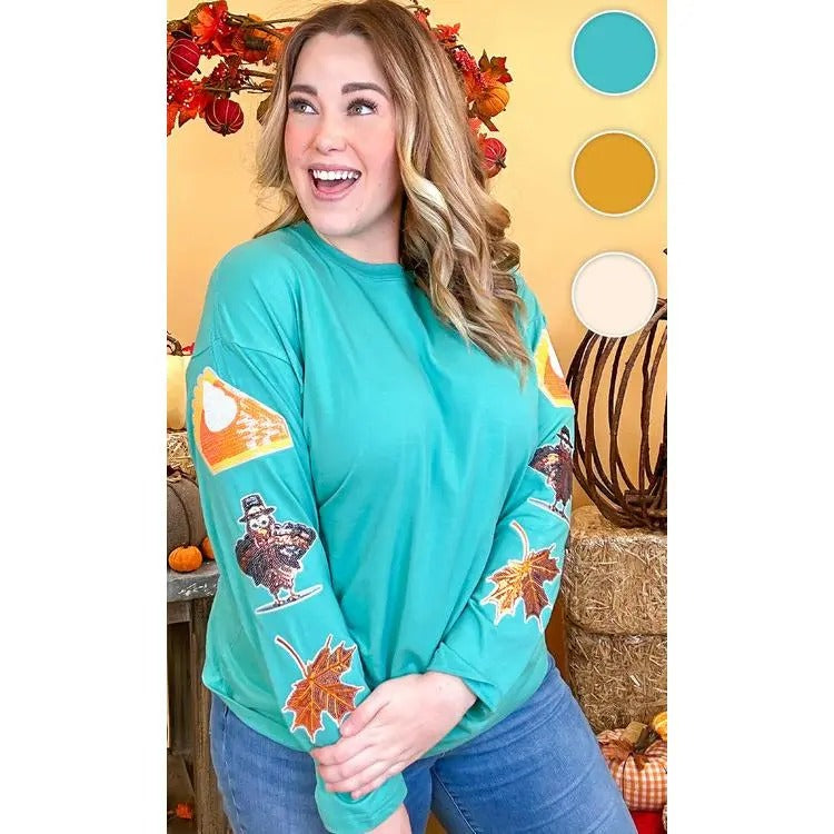 Thanksgiving Sparkle Sleeve Boyfriend Long Sleeve T-Shirt Hoodie, Sweatshirt | UrbanDripWear.com