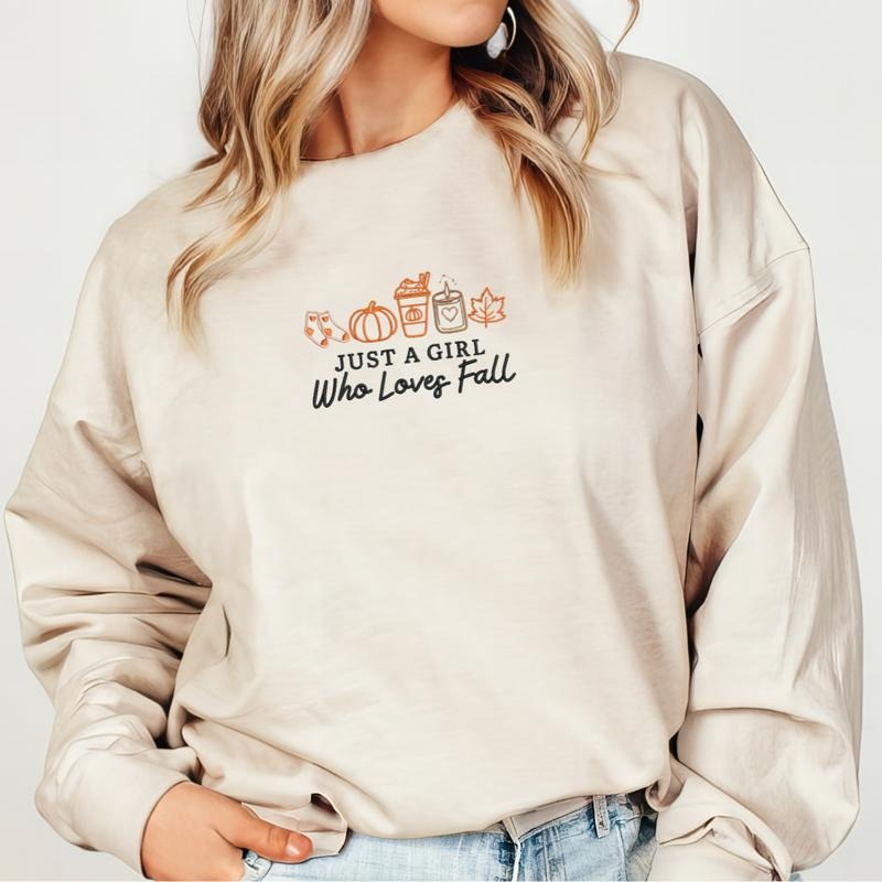 Just a Girl Who Loves Fall Embroidered Sweatshirt, Fall/Thanksgiving Sweater, Cute Girl Gift, Embroidery, Cute Gift...