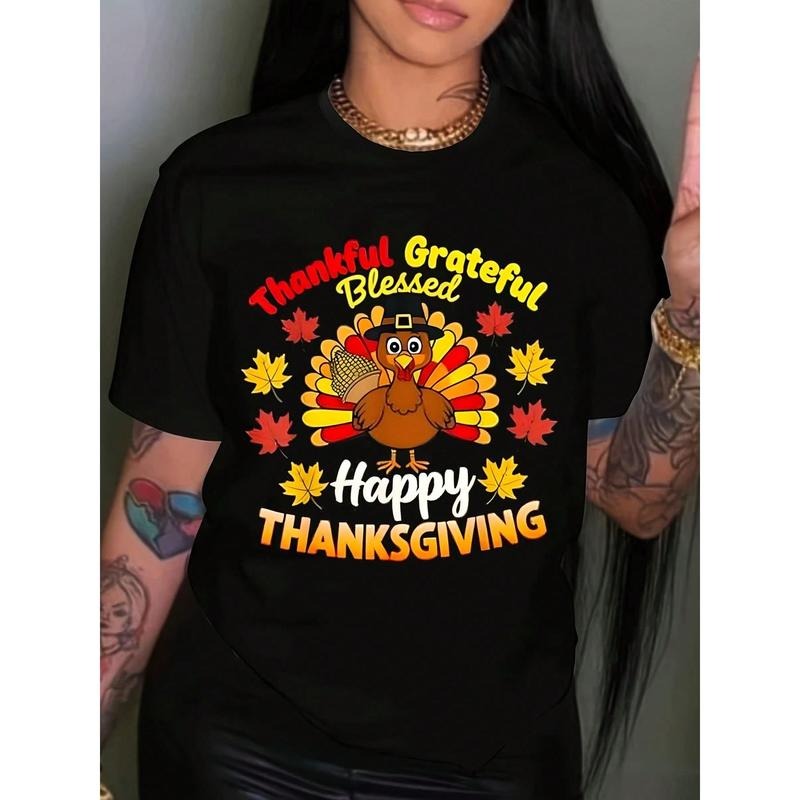 [Thanksgiving T-Shirt] Orange Vibrant Cartoon Turkey Women's Graphic Print ShortSleeveT-Shirt | Relaxed Fit Casual...