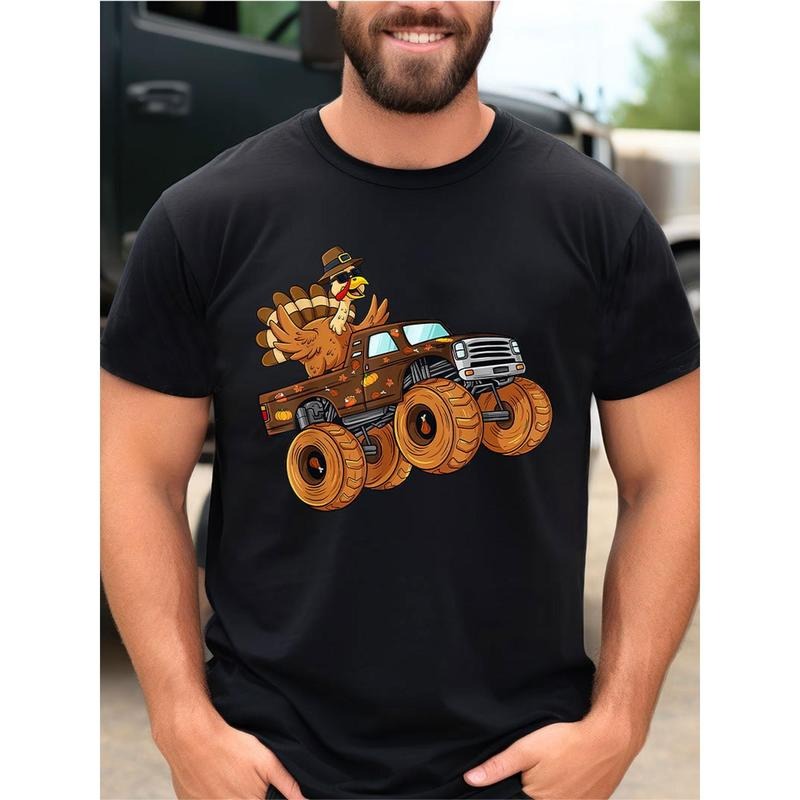 Thanksgiving Turkey Riding Monster Truck Men's Cotton Printed T-Shirt made in usa Hoodie, Sweatshirt | UrbanDripWear.com