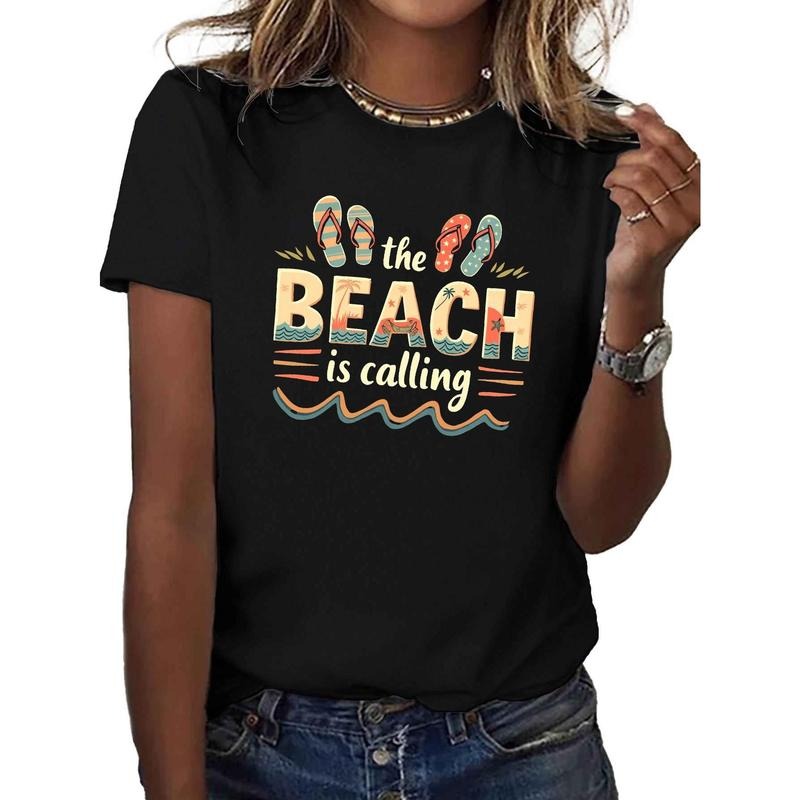"The Beach Is Calling" Graphic T-Shirt - Colorful Flip-Flop & Wave Design, Comfort Fit Short Sleeve Casual Summer Tee for...