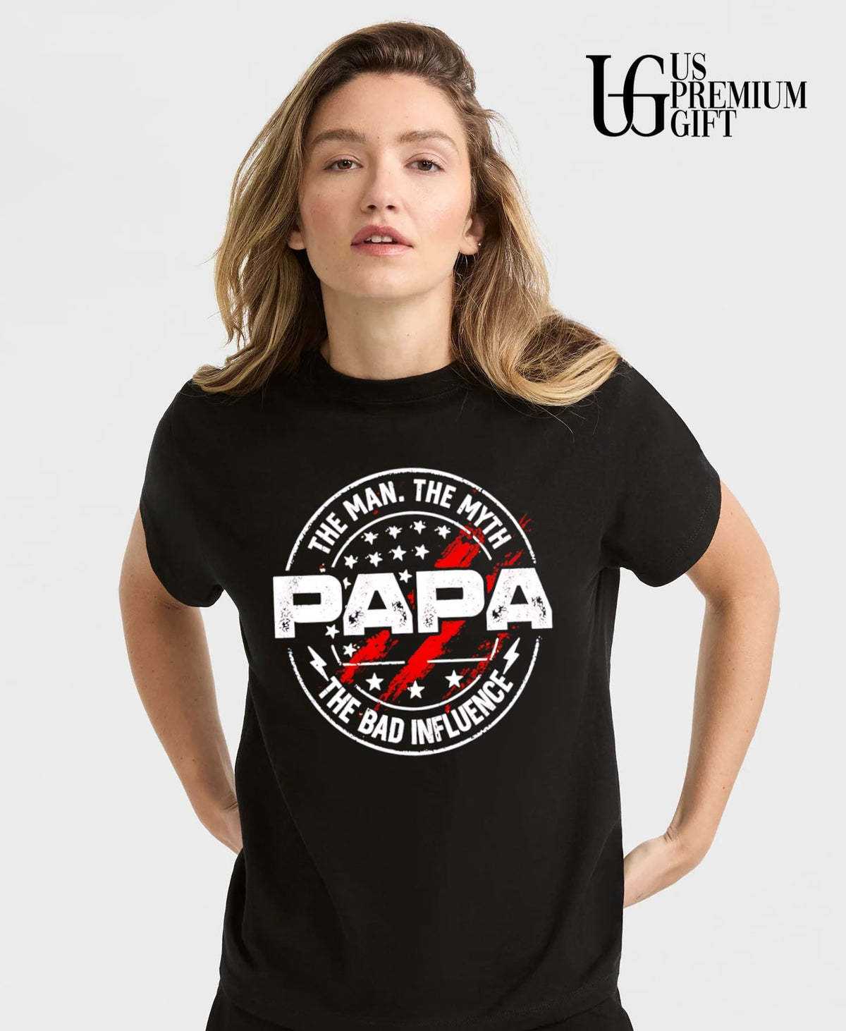 The Man the Myth Papa the Bad Influence logo shirt