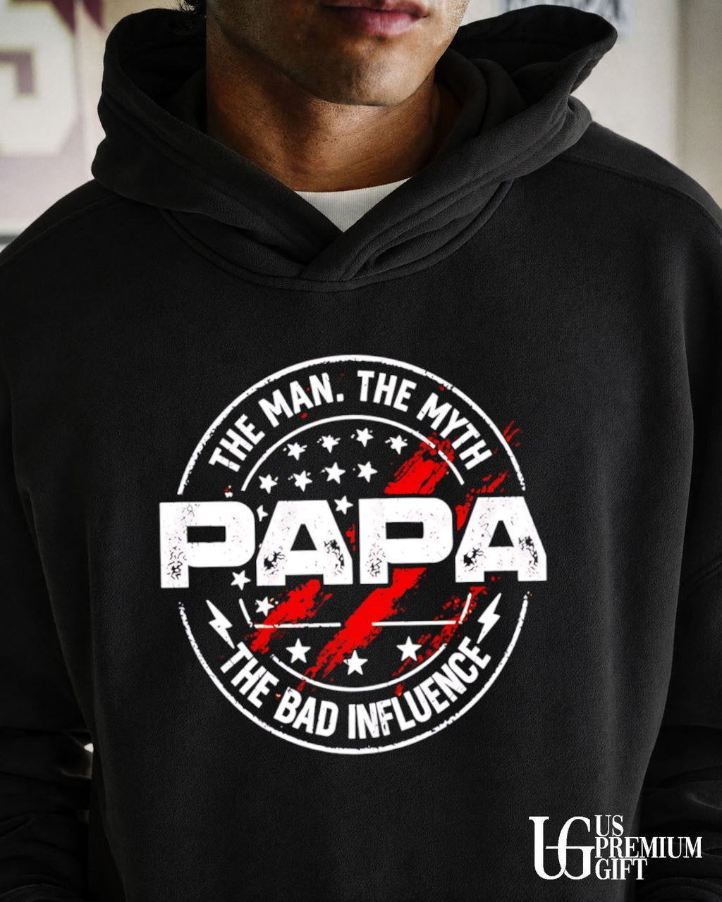 The Man the Myth Papa the Bad Influence logo shirt