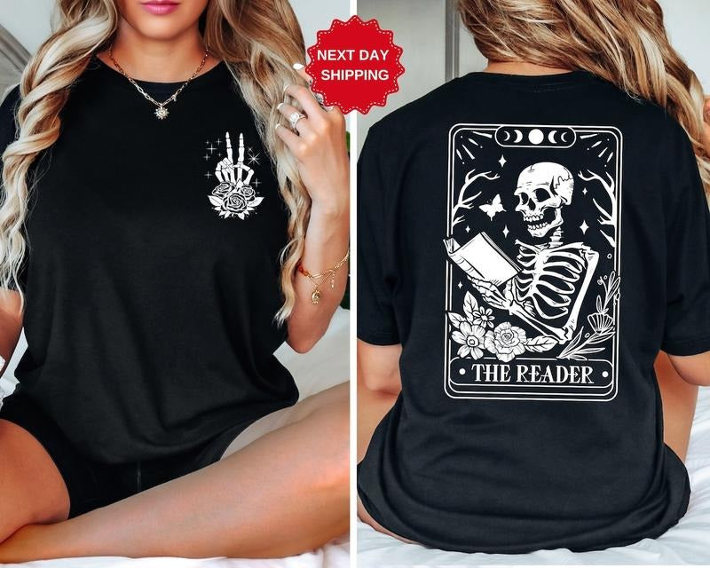 The Reader Tarot Card Front And Back Printing Shirt, Skeleton Reading T-shirt Hoodie, Sweatshirt | UrbanDripWear.com