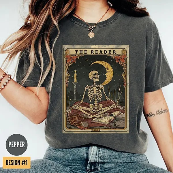The Reader Tarot Card Shirt, Skeleton Reading Shirt, Unisex Tarot Card Shirt, Book Lover Gift, Bookish Gift, Tarot Lover...