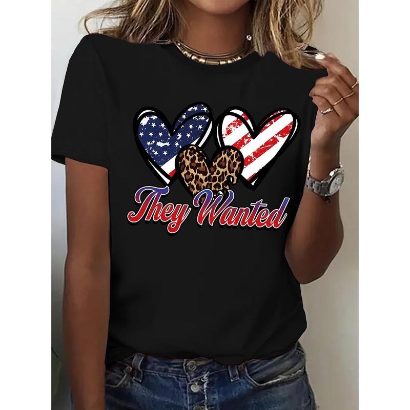 They WantedWomen's Patriotic Graphic Print T-Shirt - American Flag & Leopard Heart Design with Text, Short Sleeve Crew...
