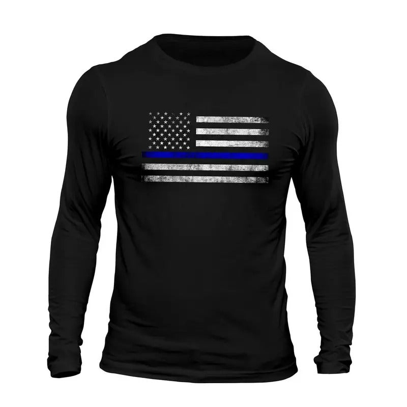 Thin Blue Line Flag USA Police Long Sleeve Men's T-Shirt Casual Classic Hoodie, Sweatshirt | UrbanDripWear.com