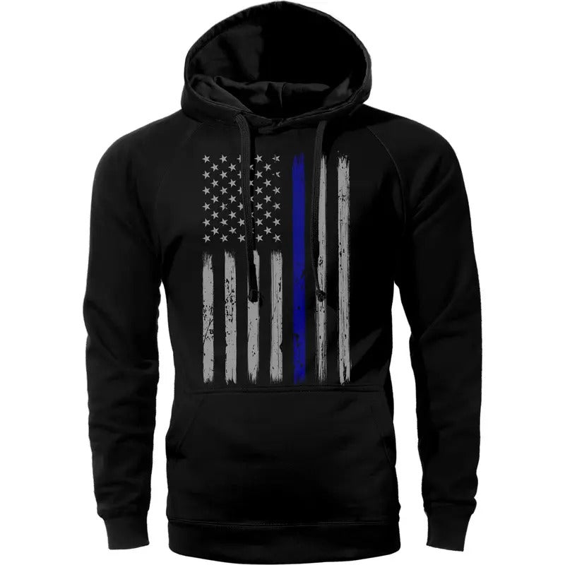 Thin Blue Line Vertical Brushed Flag Front Print Police Hoodie Sweatshirt Cotton Fabric T-Shirts | UrbanDripWear.com