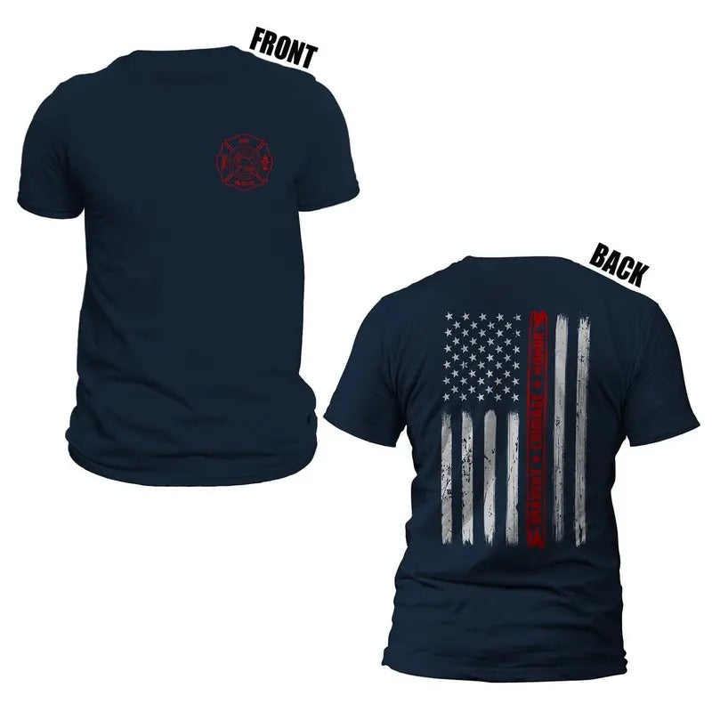 Thin Red Line Flag Bravery Courage Honor US Firefighter Front & Back Print T-Shirt Casual Crewneck Hoodie, Sweatshirt
