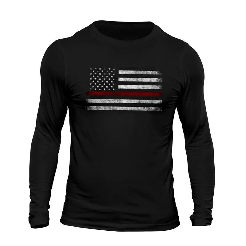 Thin Red Line Flag USA Firefighter Men's Long Sleeve T-Shirt Casual Classic Hoodie, Sweatshirt | UrbanDripWear.com