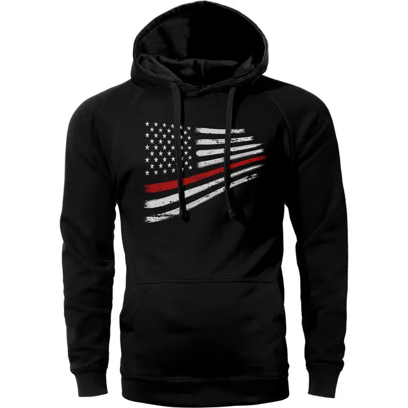 Thin Red Line Flag Warped Design USA Firefighter Hoodie Sweatshirt Cotton Fabric T-Shirts | UrbanDripWear.com