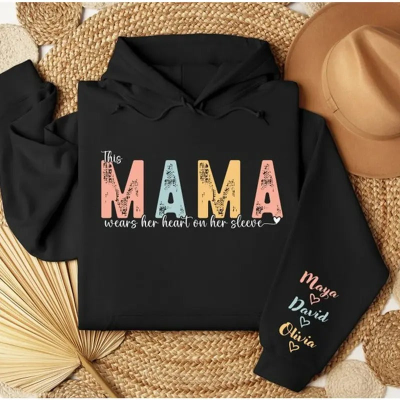 This Mama Wears Her Heart on Her Sleeve Custom Sweatshirt, Custom Mama Hoodie, Custom Mama Sweatshirt, Gift for Mother's...