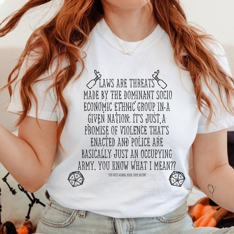 Thought - Provoking White T - Shirt with 'Laws are Threats' Social Commentary