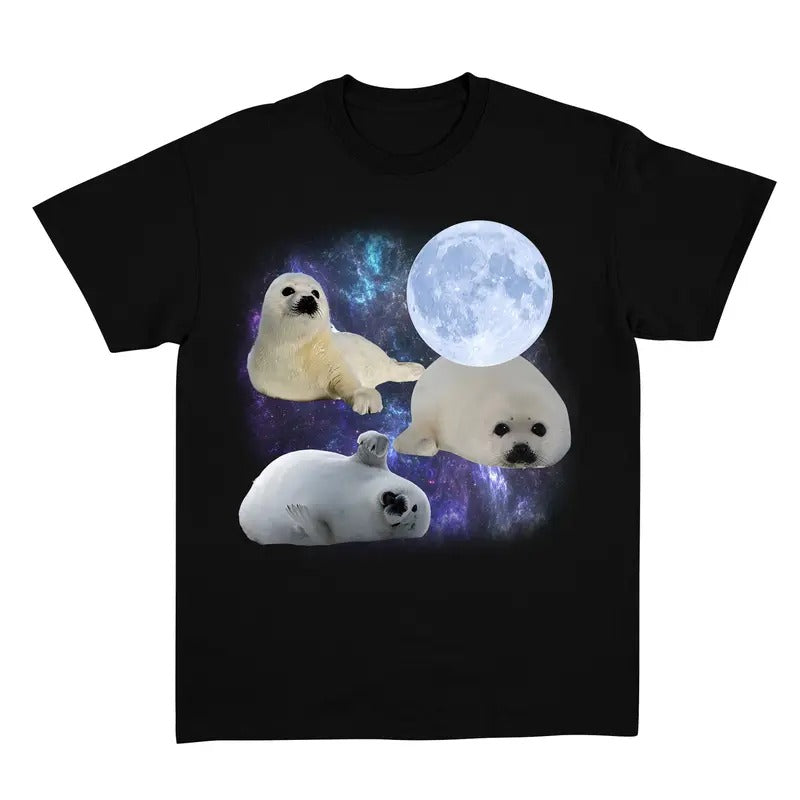 Three Baby Seal Vintage Graphic T-shirts, Retro Sea Dog Moon Tshirt, Seal Lovers, Cute Sea Dog Tee, Relaxed Washed Unisex...