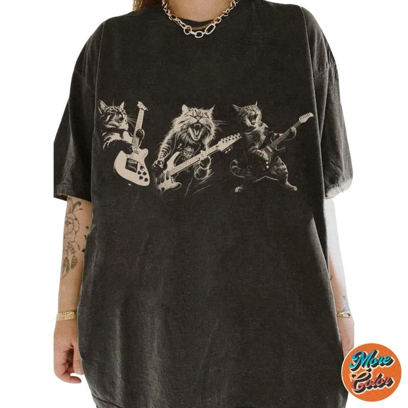 Three Cat Playing Guitar Vintage 90s Style Rock Shirt, Retro Funny Guitar Cat T-Shirt, Rock Lovers, Rocker Gifts Shirts,...