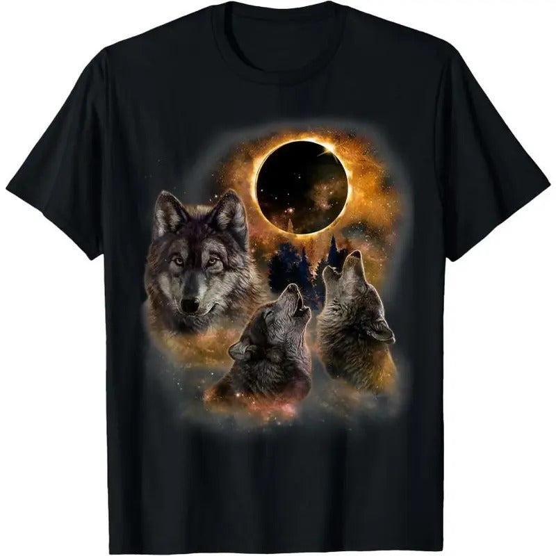 Three Wolves and Solar Eclipse, Forest Wolf Animals Wild T-Shirt Hoodie, Sweatshirt | UrbanDripWear.com