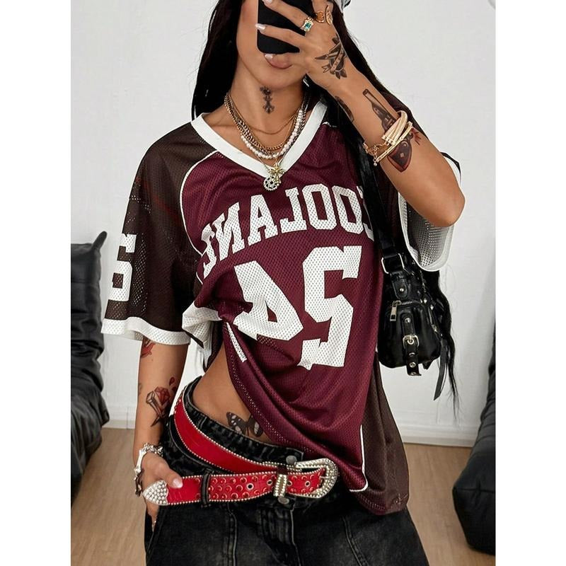 TikTokShopBlackFriday Y2k Mesh Jersey Oversized Shirt Graphic Tee Half Sleeve V Neck Streetwear Summer Tops Hoodie,...