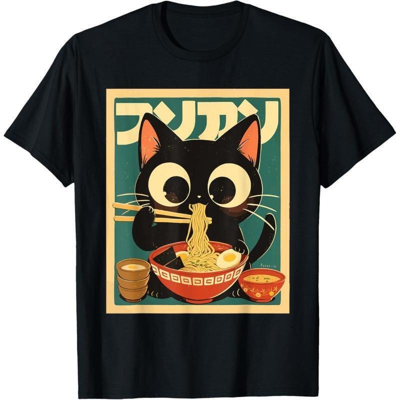 # TikTokShopRestock  Plus Size Anime Cat Ramen T-Shirt - Japanese Kawaii Cat Graphic Tee for Men - Round Neck Short...
