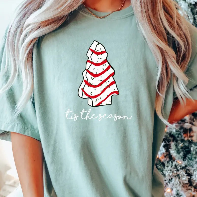 Tis The Season Christmas Tree Cake, Christmas Graphic shirt, Comfort Colors T-shirt, Oversized Christmas T-shirt, Graphic...