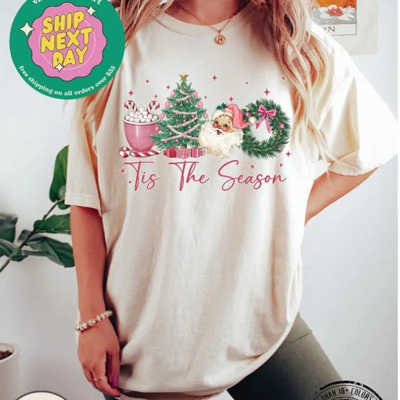 Tis The Season Sweatshirt, Coquette Bow Christmas Shirt, Retro Christmas Crewneck, Girly Christmas Sweater, Merry...
